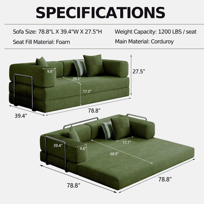 Convertible Sleeper Sofa Bed,Compressed Floor Boneless Couch,Modular Modern Corduroy Sofa for Living Room Bedroom -with Fixed-Shape Frame and Support Armrest,Easy Assembly(Green)