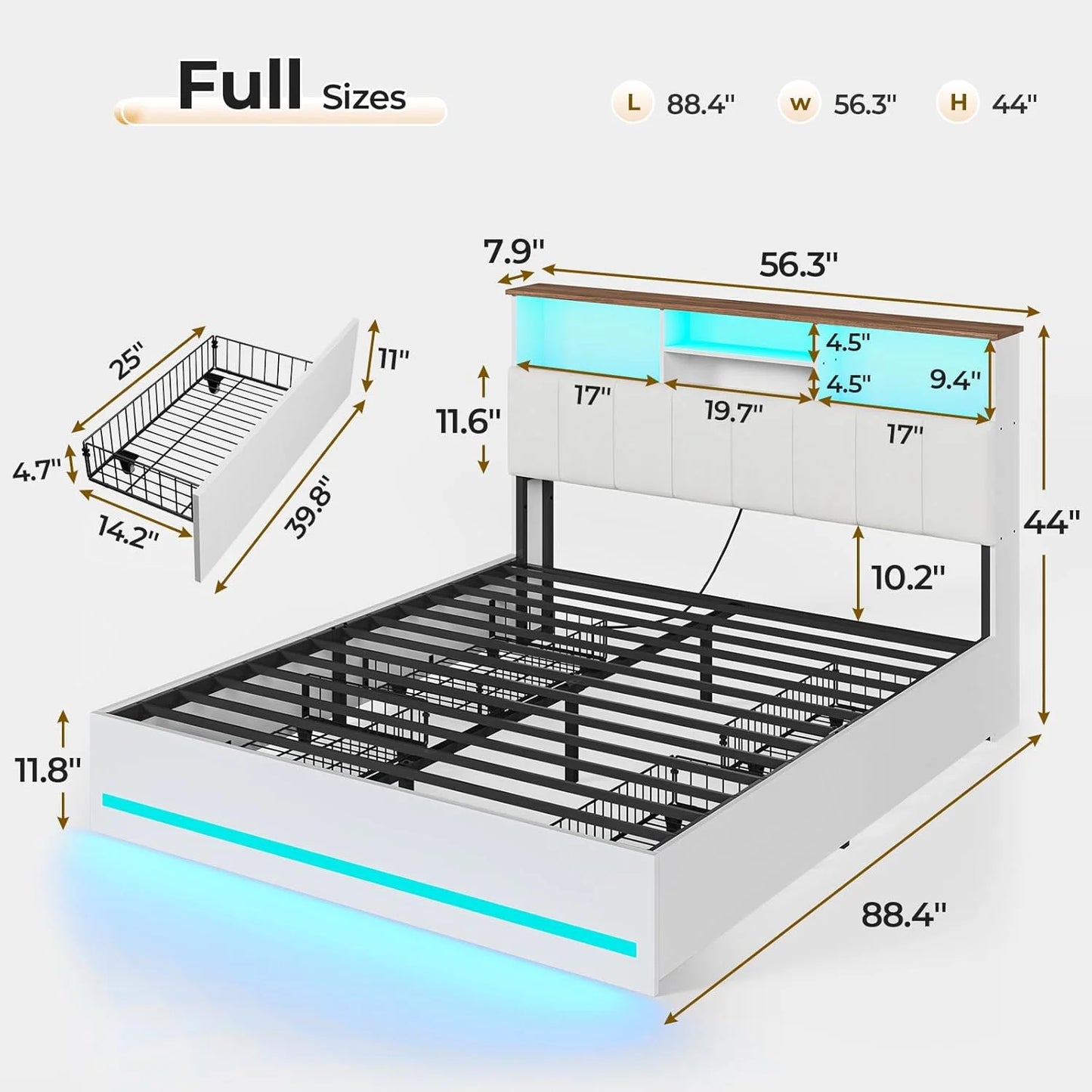 AOGLLATI Upholstered Platform Twin Bed with 4 Storage Drawers & Charging Station & LED Lights, Black