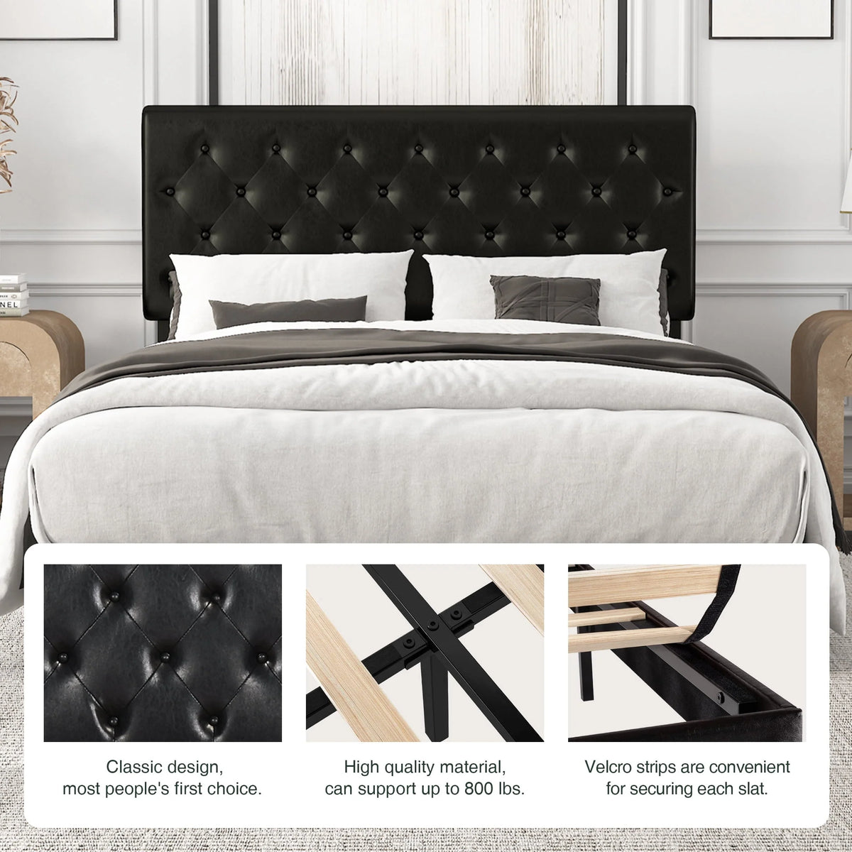 Amolife Queen Bed Frame with Headboard, Diamond Button Tufted Style, Black