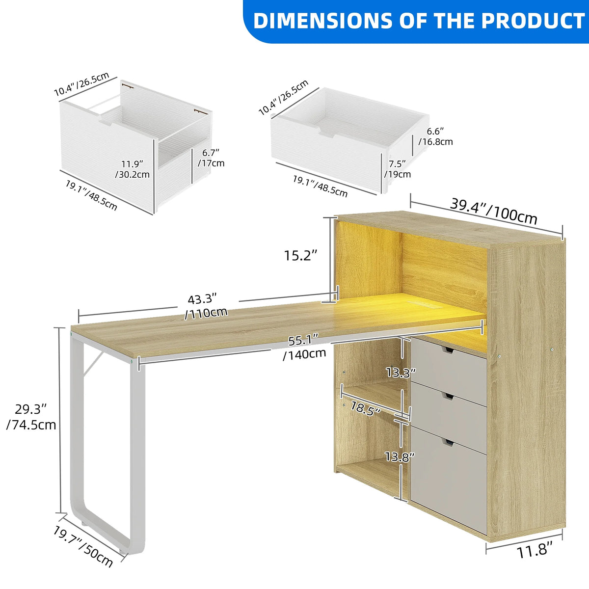 Dextrus L Shaped Desk with Power Outlets & LED Lights, Computer Desk with 3 Drawers and 3 Storage Shelves, White Office Desk Corner Desk for Home Office