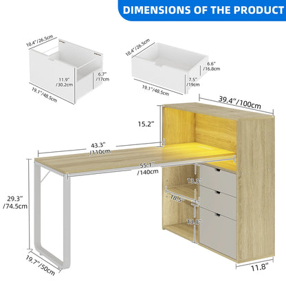 Dextrus L Shaped Desk with Power Outlets & LED Lights, Computer Desk with 3 Drawers and 3 Storage Shelves, White Office Desk Corner Desk for Home Office