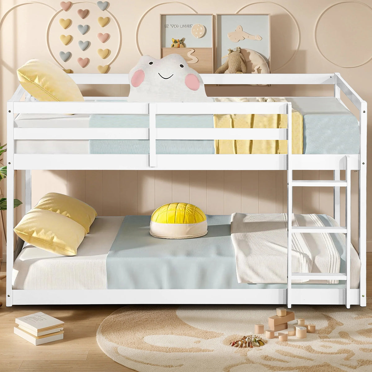 Twin Over Twin Floor Bunk Bed, UHOMEPRO Solid Wood Low Bunk Bed with Safety Rail, Ladder, Heavy Duty Bunk Beds, Space-Saving Bedroom Dorm Furniture, Gray
