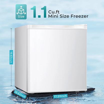 WAA Mini Freezer,1.1 Cu.ft Upright Freezer with Reversible Single Door,Removable Shelves,Small Freezer with Adjustable Thermostat for Home/Kitchen/Office (White)