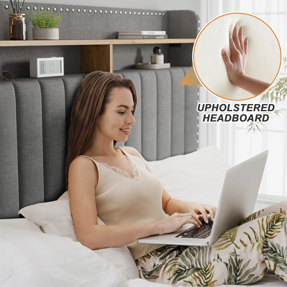 EnHomee Upholstered King Size Bed Frame with Headboard and Storage King Bed Frame with 2 Drawers,Grey