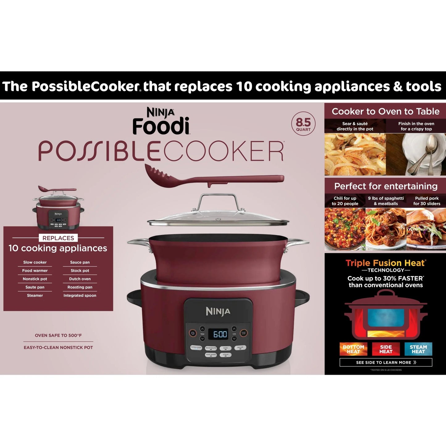 Ninja Foodi Possible Cooker, 8.5 Quart, 6-in-1 Multi-Cooker, Slow Cooker, Steamer, Glass Lid Integrated Cooking Utensil, Nonstick, Oven Safe Pot to 500°F, Cherry Tarte, MC1000WM