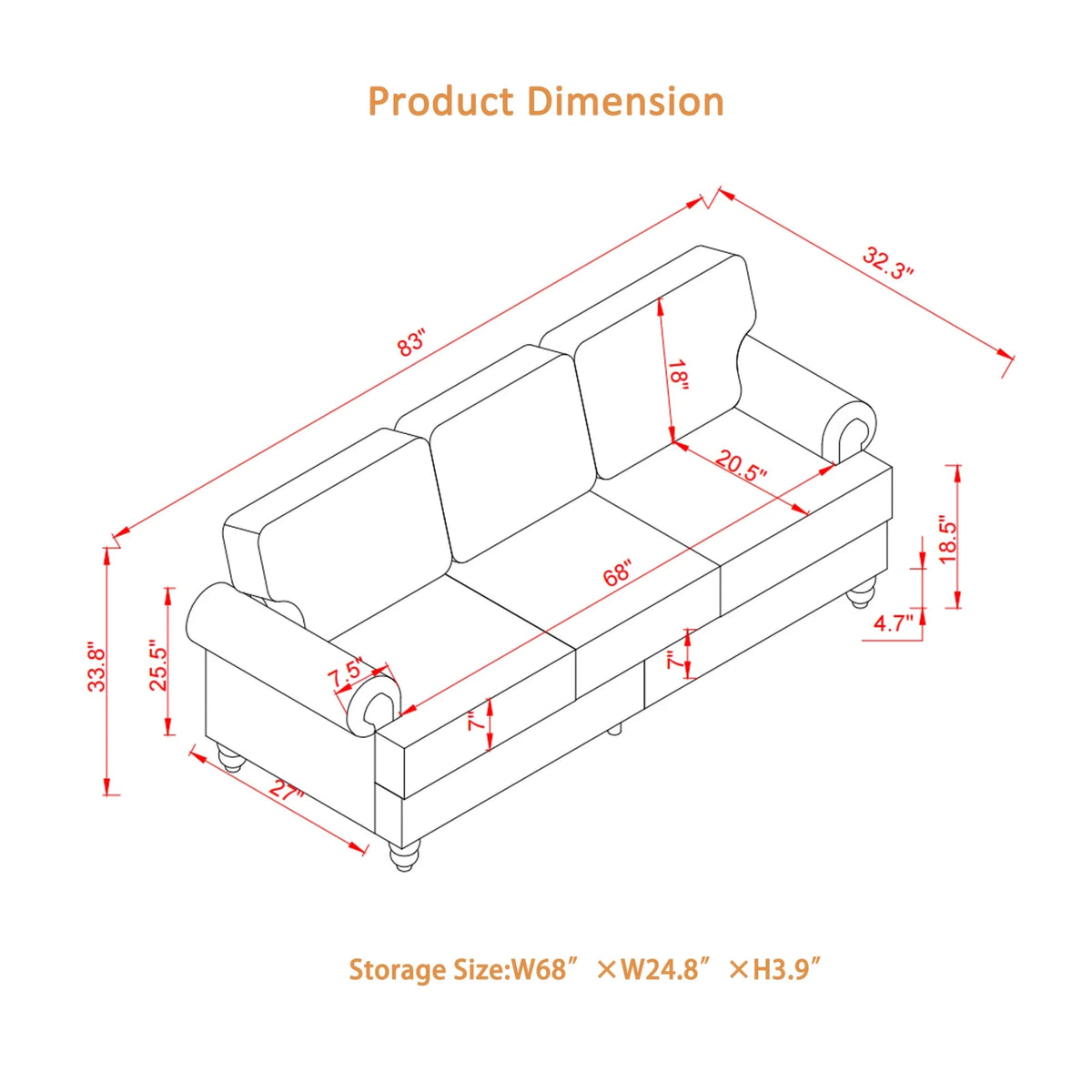 2 Piece Living Room Sofa Set, Modern Leather 3 Seater and Loveseat Sofa with Storage Seats and Rolled Nails Arms for Living Room, Brown