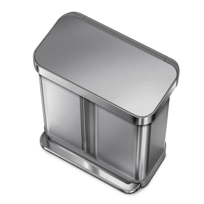 simplehuman 58 Liter / 15.3 Gallon Rectangular Dual Compartment Recycling Step, Brushed Stainless Steel with Soft-Close Plastic Lid Kitchen Trash Can