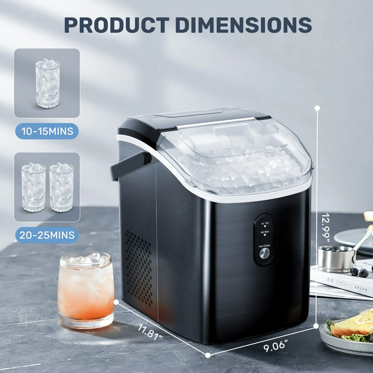 Auseo SS Nugget Countertop Ice Maker with Soft Chewable Ice, 35Lbs/24H, Self-Cleaning, Ice Scoop, Stainless Steel Silver, for Kitchen/Office/Party