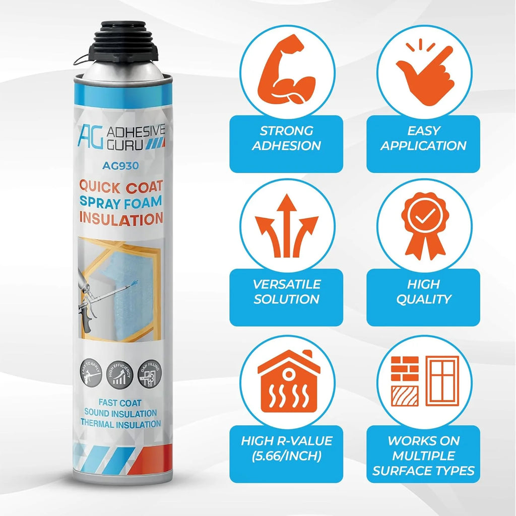 Adhesive Guru Spray Foam Insulation Kit (24 x 32.80 oz), Polyurethane Self-Expanding Spray Adhesive Foam, Closed Cell Heat Insulation and Acustic Spray with Cleaner and Dispensing Gun - 24 Pack