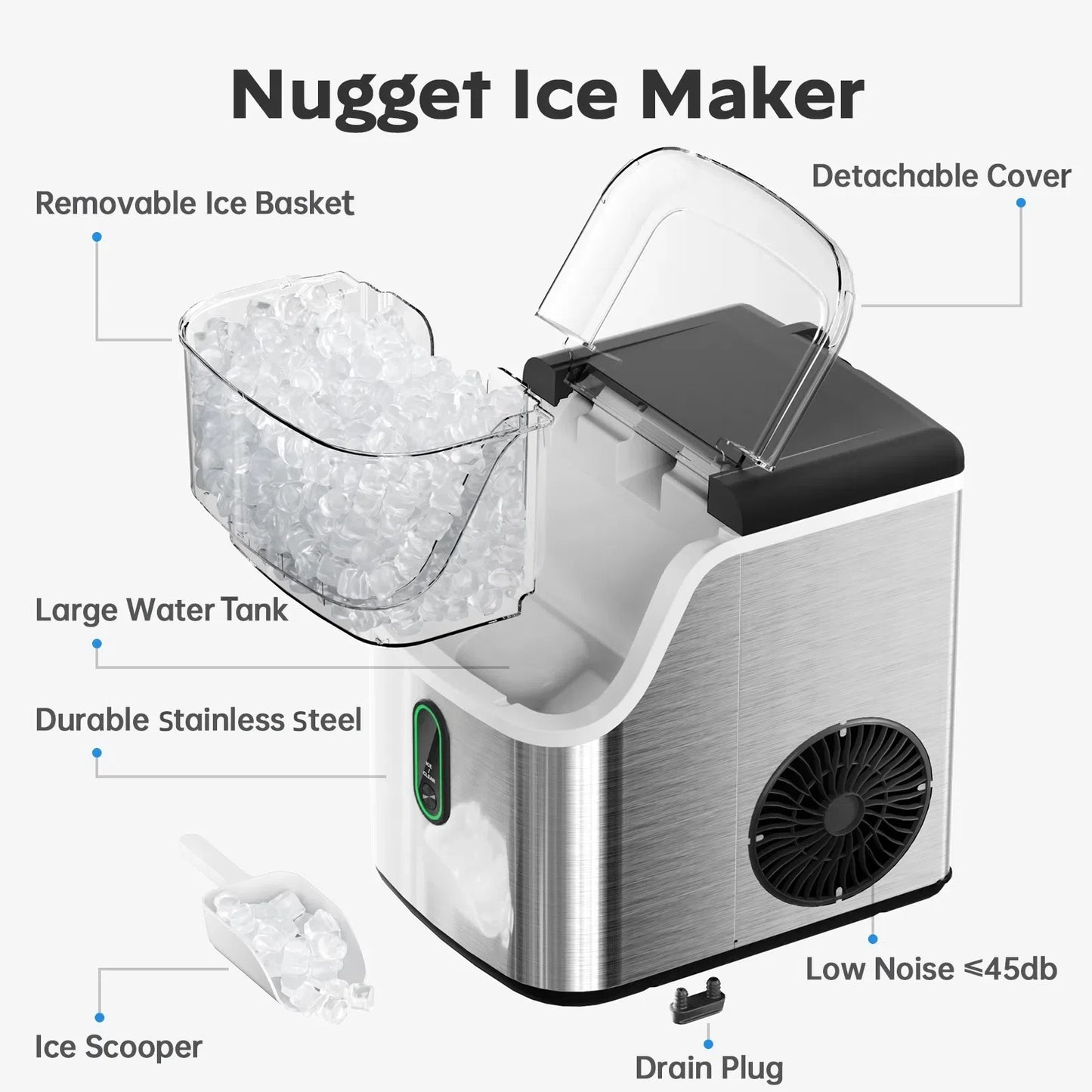 Philergo Nugget Ice Maker Countertop, Pebble Ice Maker Machine with Self-Cleaning, 35lbs/24hr, Soft Chewable Pellet Ice Maker for Home, Kitchen, Stainless Steel