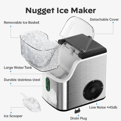 Philergo Nugget Ice Maker Countertop, Pebble Ice Maker Machine with Self-Cleaning, 35lbs/24hr, Soft Chewable Pellet Ice Maker for Home, Kitchen, Stainless Steel