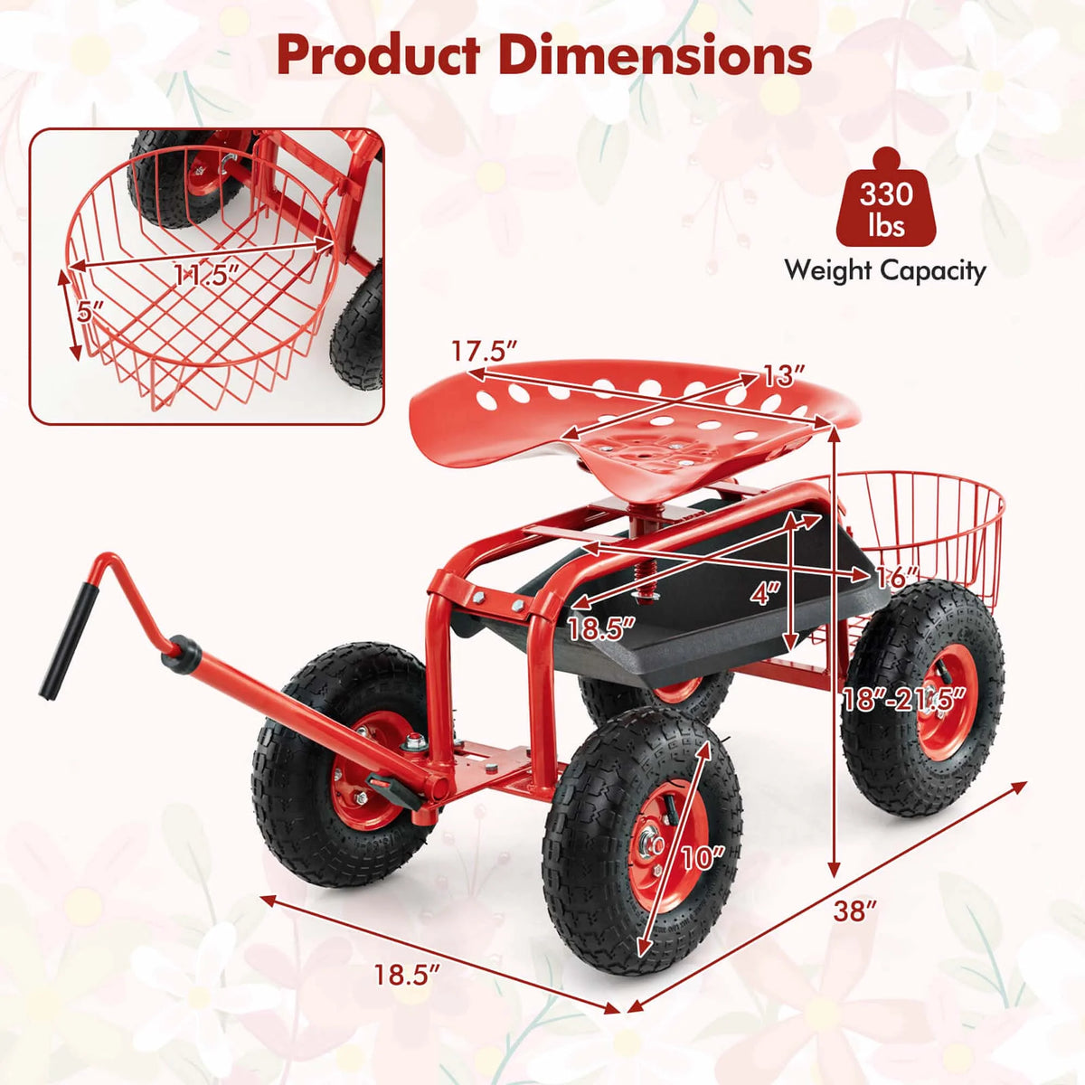 Costway Garden Cart Rolling Work Seat for Planting with Extendable Handle Green