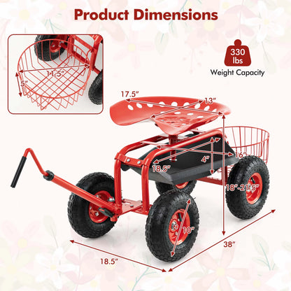 Costway Garden Cart Rolling Work Seat for Planting with Extendable Handle Green