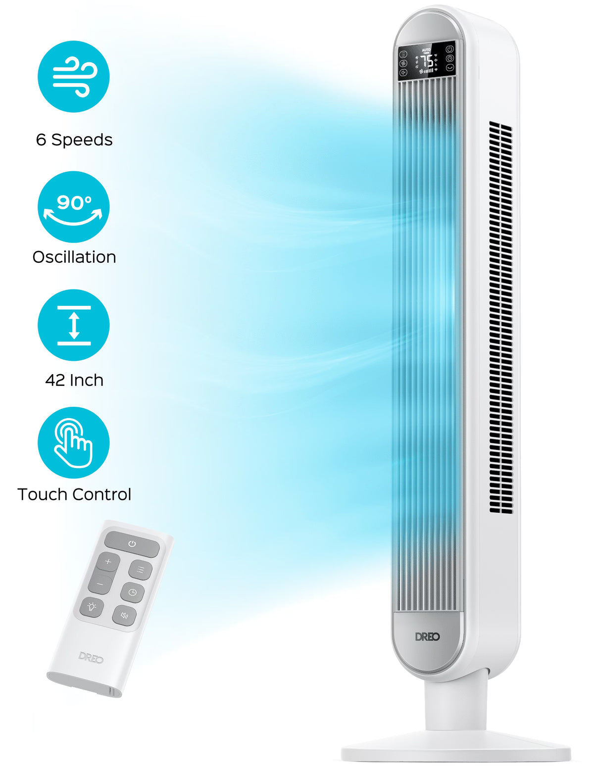 Dreo Tower Fan for Home, 42" Standing Fan with Remote, 90�� Oscillating Fan for Indoors, 34dB Quiet Bedroom Fans, 6 Speeds, 4 Modes, 12H Timer, Bladeless Fan with LED Display, 26 ft/s High Velocity