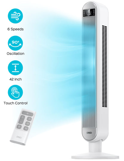 Dreo Tower Fan for Home, 42" Standing Fan with Remote, 90�� Oscillating Fan for Indoors, 34dB Quiet Bedroom Fans, 6 Speeds, 4 Modes, 12H Timer, Bladeless Fan with LED Display, 26 ft/s High Velocity