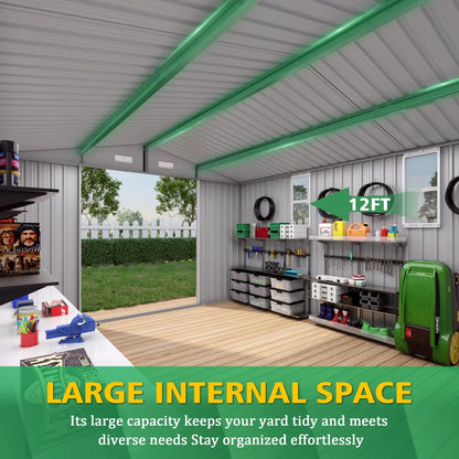 10 x 8 FT Outdoor Storage Shed, Large Metal Storage Shed, Lockable Door and Air Vent, Clear Window Garden Tool Shed for Bicycles, Tools, Lawnmowers, Backyards, Patios, Lawns - Gray