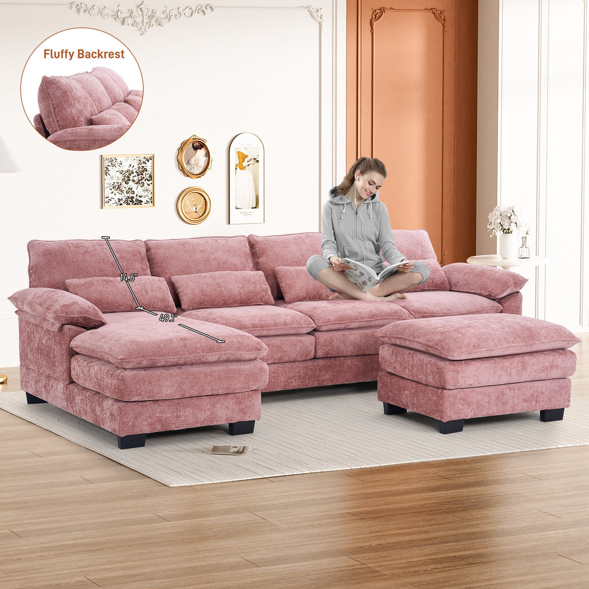 Rophefx 114.3" U Shaped Sectional Couches for Living Room,Cloud Couch,4 Seats Chenille Couch with Double Layer Cushion,Orange