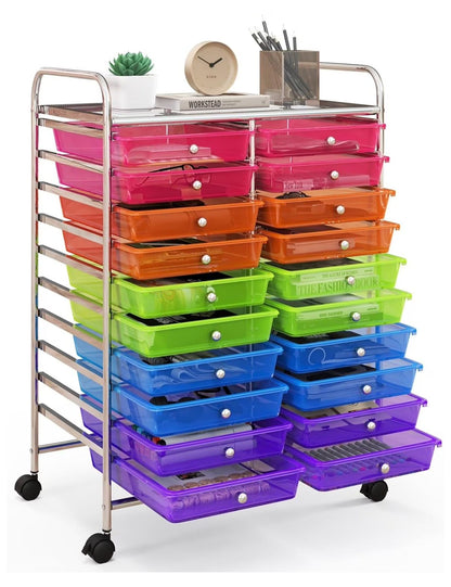 20 Drawers Storage Cart w/Rolling Wheels, Semi-Transparent Mobile Rolling Drawer Cart for School Classroom Office Home Salon, Files Scrapbook Craft Organizer, Utility Cart on Wheels (Clear)