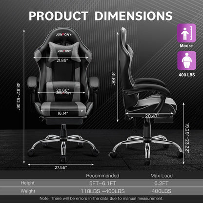 JONPONY Big and Tall Gaming Chair, Ergonomic Design, Gamer Chair PU Leather with Footrest and Lumbar Support, High Back Office Chair Support 8 Hours Long Sitting, Computer Chair,Black Grey
