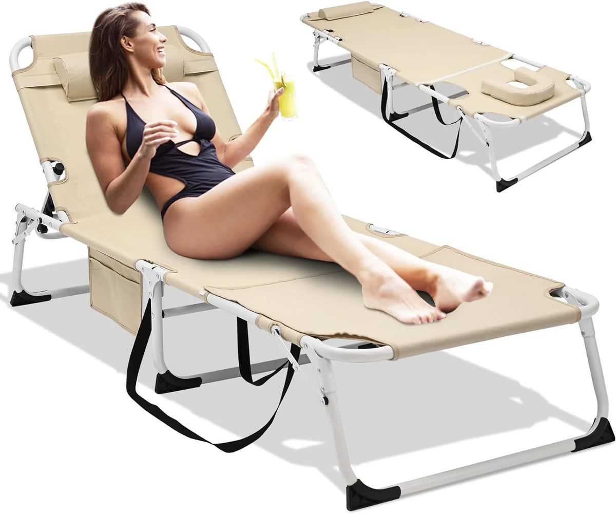 Slsy Folding Lounge Chair, 5-Position Adjustable Outdoor Reclining Chair, Folding Sleeping Bed Cot, Folding Chaise Lounge Chair for Pool Beach Patio Sunbathing