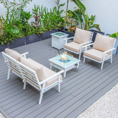 LeisureMod Walbrooke Modern Aluminum 5-Piece Patio Conversation Set with Outdoor Square Fire Pit Table with Slats Design & Side Table Tank Holder (Green)