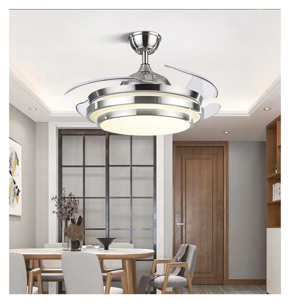 XylehR 42" Modern Ceiling Light with Fans Control, 4 Retractable Blades with 3 Light Color Change Ceiling Fan for Living Bedroom Restaurant, Silver Color with Silent Motor (42In-1 Update)