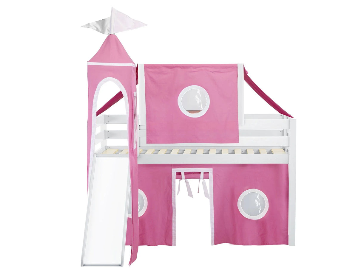 JACKPOT! Castle Low Loft Bed with Slide, Red Yellow and Blue Tent and Tower, Twin, Cherry