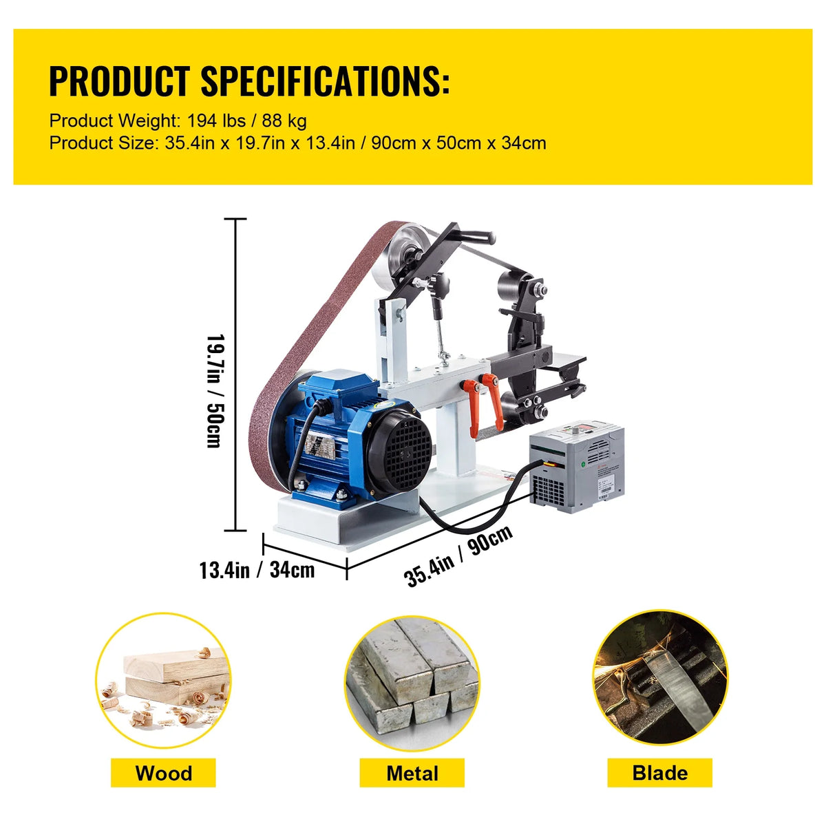 KFFKFF 1500W 2HP Metalworking Belt Sander Grinder, 2" x 82" Adjustable Speed, 3-in-1 Sander Polisher with 3 Grinding Moulds & Flat Platen Tool Rest, Ideal for Knife Crafting