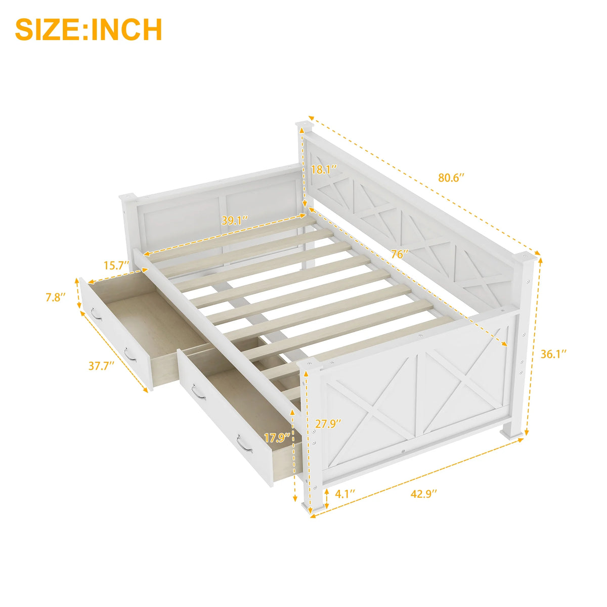 Euroco Twin Size Dayed with 2 Storage Drawers for Bedroom Low Profile Platform Bed, White