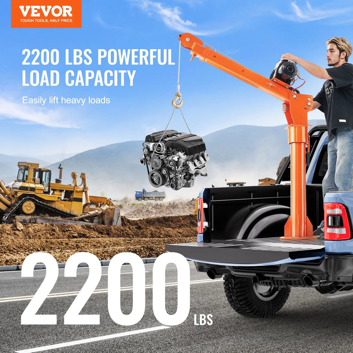 VEVOR Electric Pickup Truck Crane, 2200 lbs, Folding Truck-Mounted Bed Crane with Electric Winch 6000 lbs, Steel Pickup Truck Jib Crane Hoist 360�� Swivel for Lifting Goods in Construction, Factory