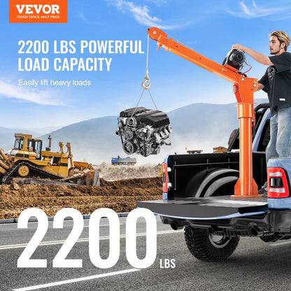 VEVOR Electric Pickup Truck Crane, 2200 lbs, Folding Truck-Mounted Bed Crane with Electric Winch 6000 lbs, Steel Pickup Truck Jib Crane Hoist 360�� Swivel for Lifting Goods in Construction, Factory