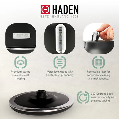Haden Heritage 1500 1.7 Electric Kettle, Matte Black Finish with Copper Accents