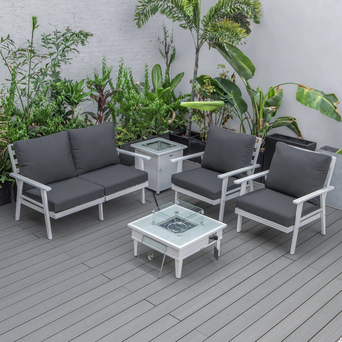 LeisureMod Walbrooke Modern Aluminum 5-Piece Patio Conversation Set with Outdoor Square Fire Pit Table with Slats Design & Side Table Tank Holder (Green)