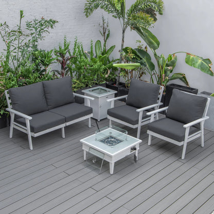 LeisureMod Walbrooke Modern Aluminum 5-Piece Patio Conversation Set with Outdoor Square Fire Pit Table with Slats Design & Side Table Tank Holder (Green)