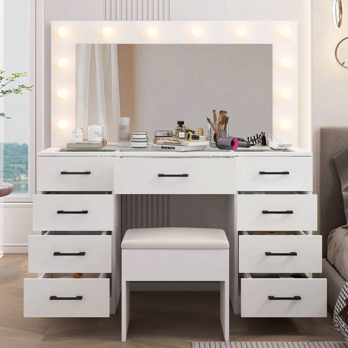 Ktaxon Large Makeup Vanity, Vanity Table Set w/ Visible Glass Top w/ Charging Station, White