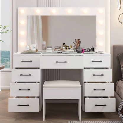 Ktaxon Large Makeup Vanity, Vanity Table Set w/ Visible Glass Top w/ Charging Station, White