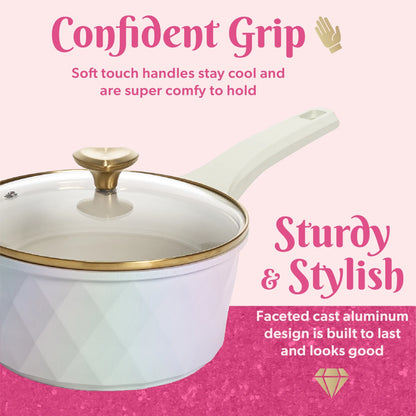 Paris Hilton 10-Piece Ceramic Nonstick Cast Aluminum Cookware Set, Clean Ceramic? Coating, Faceted Pink Design