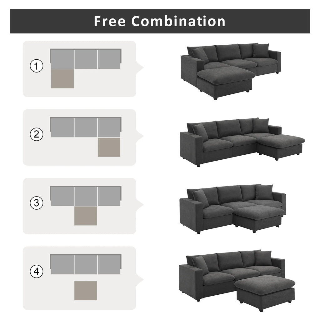 Harper & Bright Designs Modern Sectional Sofa 3 Seat Couch with Ottoman, Upholstered L Shaped Cloud Couch for Small Space Apartment Office, White