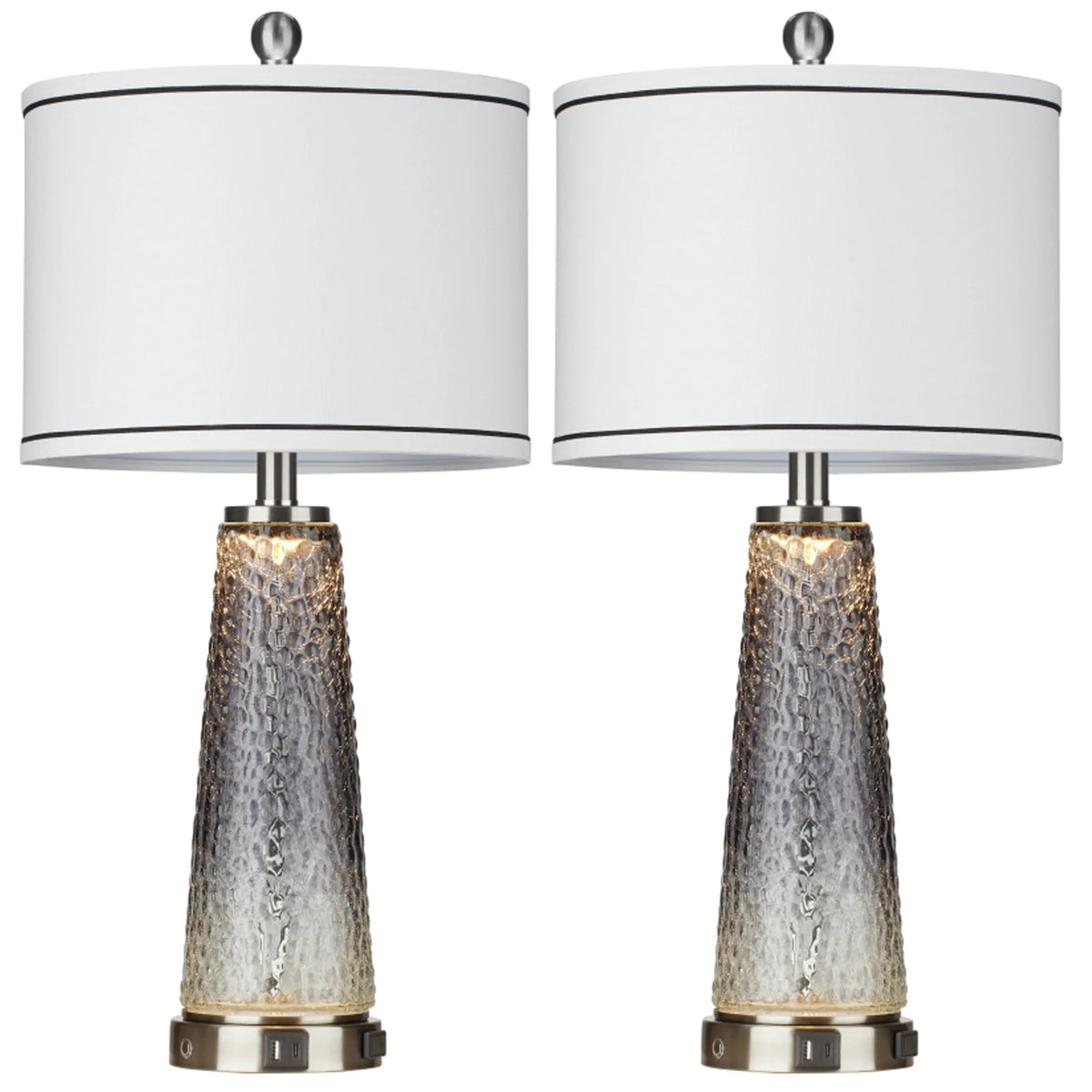 Cinkeda Modern Table Lamp Set of 2 for Bedroom Living Room with USB A+C Ports AC Outlet Gradient Grey Glass Nightlight Nightstand Bedside Lamps