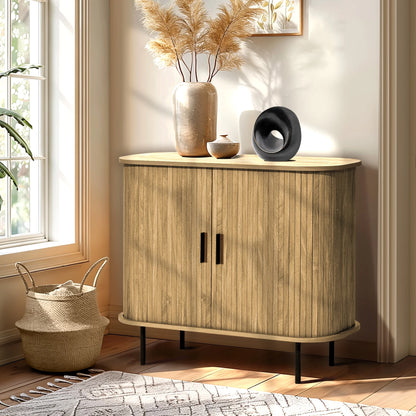 LuxenHome 35" Mid Century Modern Accent Cabinet, Small Buffet Cabinet with Sliding Door, Oak