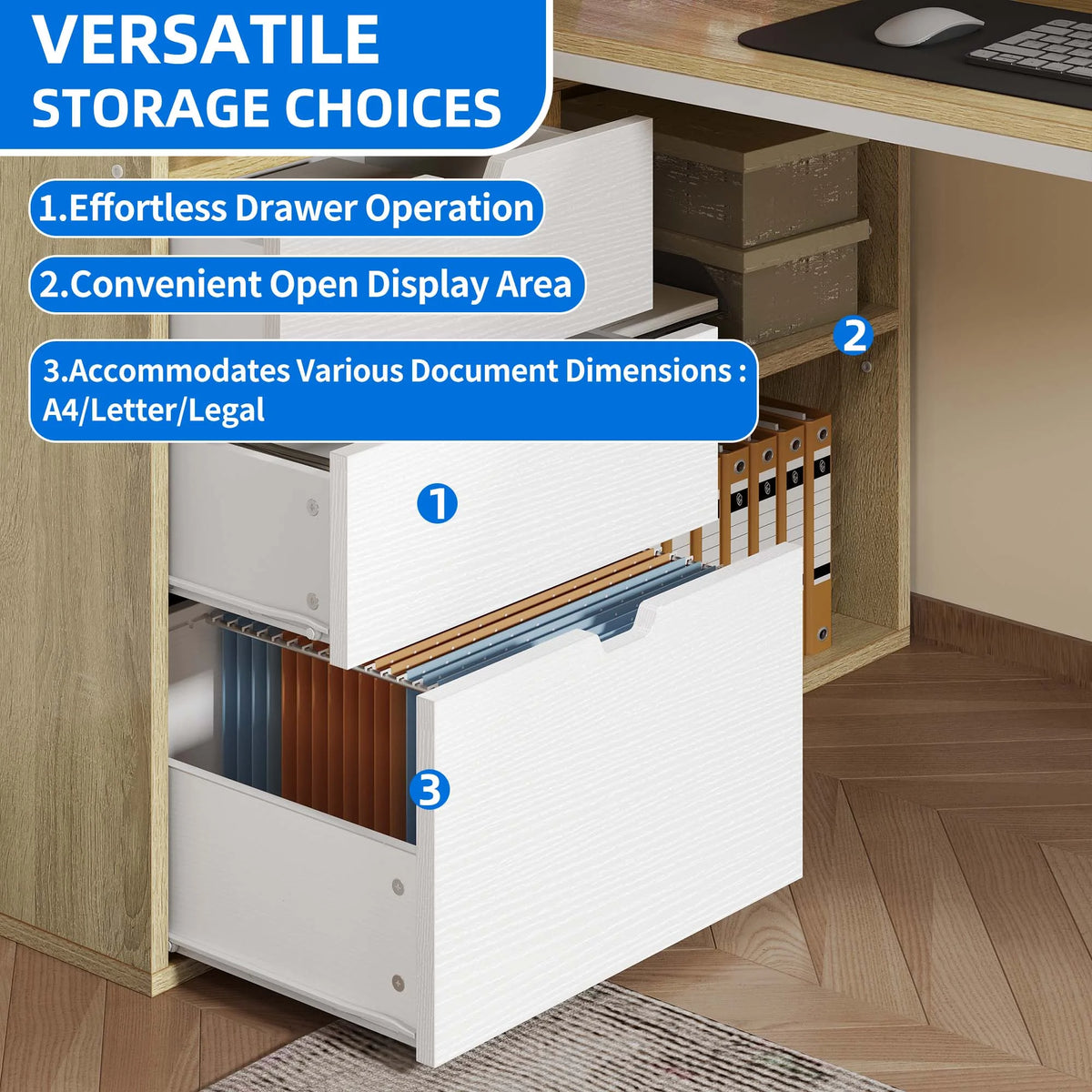 Dextrus L Shaped Desk with Power Outlets & LED Lights, Computer Desk with 3 Drawers and 3 Storage Shelves, White Office Desk Corner Desk for Home Office