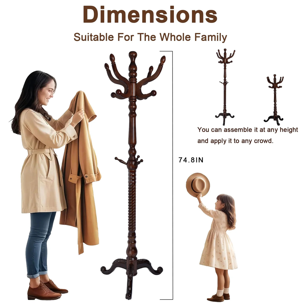 Coat Rack Freestanding, Hall Tree with 11 Hooks, Heavy Duty Wooden Coat Tree Stand, Adjustable Height, Sturdy Base for Bedroom Hallway Office - Load 270lbs