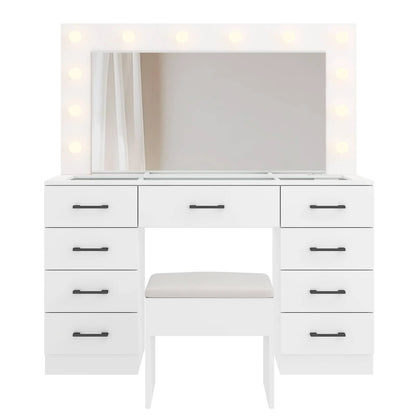 Ktaxon Large Makeup Vanity, Vanity Table Set w/ Visible Glass Top w/ Charging Station, White