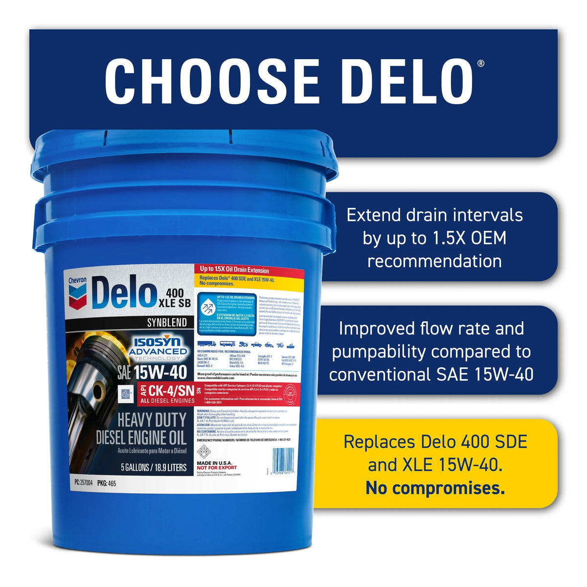 Delo 400 XLE SB Synthetic Blend SAE 15W-40 Heavy-Duty Diesel Motor Oil 5 Gallon