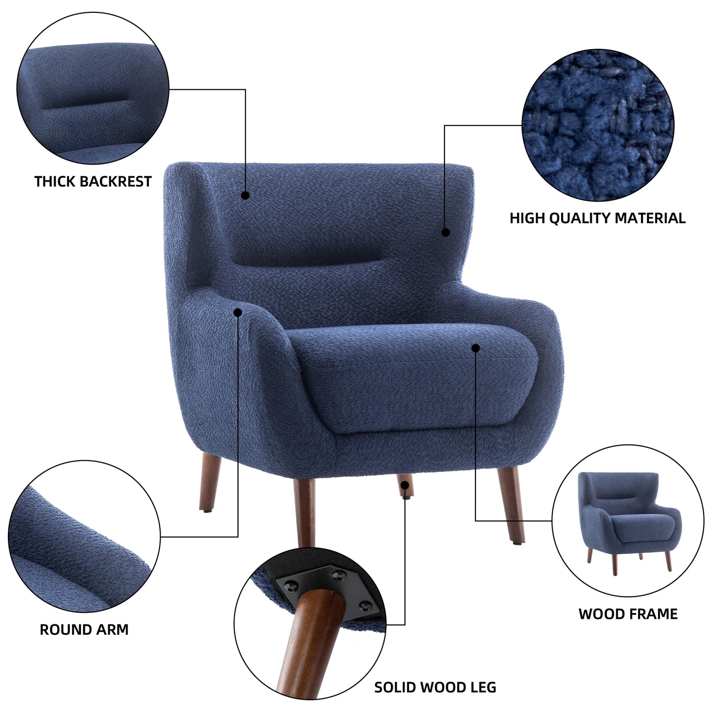 ALEAVIC White Accent Chair Upholstered Armchair with Solid Wood Legs