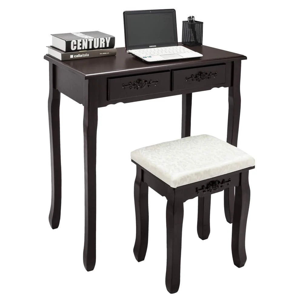 UBesGoo 4 Drawer Vanity Makeup Dressing Table Set w/Stool&Mirror Jewelry Wood Brown