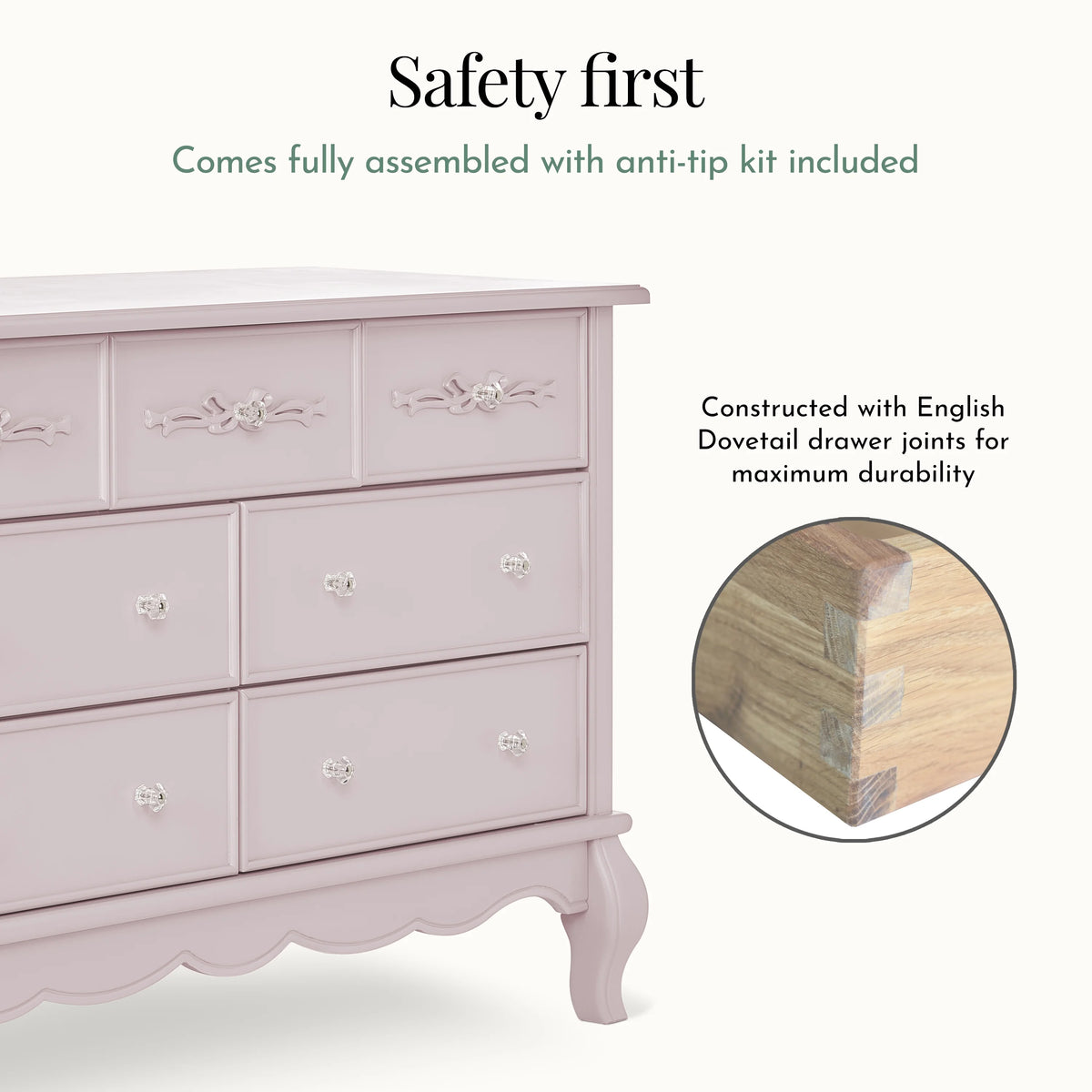 Evolur Aurora 7-Drawer Double Dresser in Ivory Lace, Spacious Drawers
