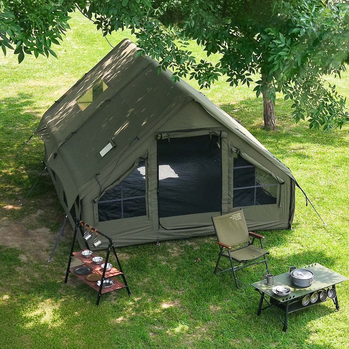 9.8' x 7' Inflatable Camping Tent,4 Season Blow up Tents for Camping, 4-6 Person Inflatable Tent with Stove Jack,Air Tents,Glamping Tent,Waterproof Luxury House with Mesh Window