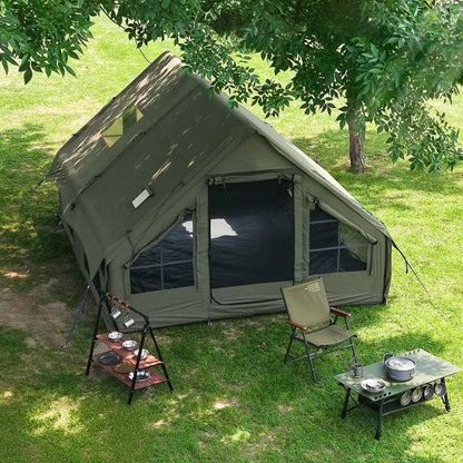 9.8' x 7' Inflatable Camping Tent,4 Season Blow up Tents for Camping, 4-6 Person Inflatable Tent with Stove Jack,Air Tents,Glamping Tent,Waterproof Luxury House with Mesh Window
