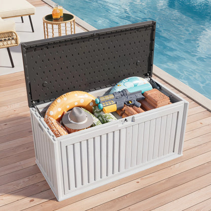 100 Gallon Resin Deck Box, Asofer Lockable Patio Outdoor Storage Box, Garden Tools Storage, Beige/Brown